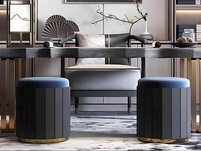 Traditional Chinese Study Room Interior With Wooden Desk Blue Stools And Decorative Fan 3d model
