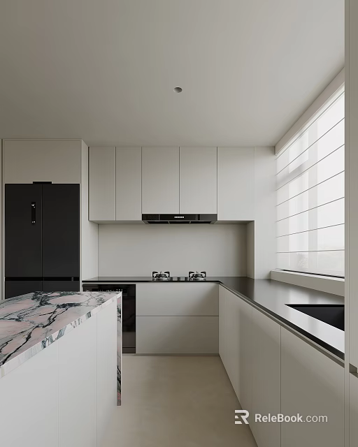 Modern Kitchen Interior With White Cabinets Black Refrigerator Marble Countertop And Window Blinds 3d model 