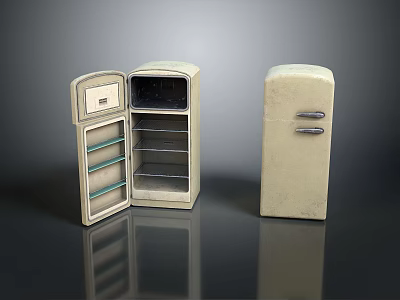Vintage Retro Refrigerator With Open Door Empty Shelves And Closed Classic Design 3d model