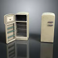 Vintage Retro Refrigerator With Open Door Empty Shelves And Closed Classic Design