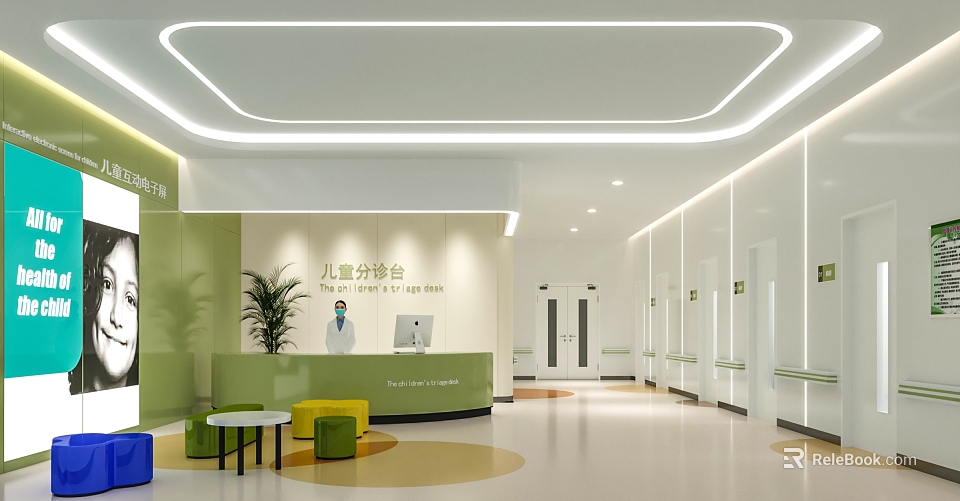 Pediatric Triage Counter Interior With Medical Staff And Colorful Waiting Area 3d model 