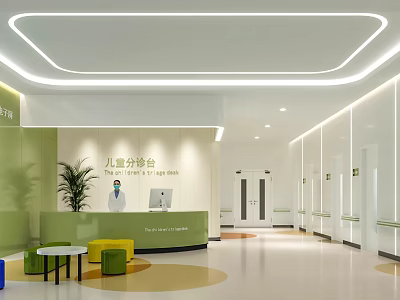 Pediatric Triage Counter Interior With Medical Staff And Colorful Waiting Area 3d model