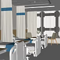 Clean Hospital Ward Setting With White Beds Blue Bedding TV Ceiling Lights And Wooden Cabinet