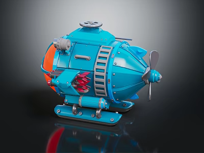 Blue Sci Fi Spaceship Model With Mechanical Propeller And Cosmic Elements 3d model
