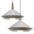 Two Modern Pendant Lights With Conical Shades And Wooden Accents