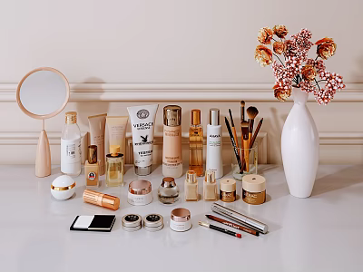 Stylish Bathroom Accessories With Skincare Bottles Makeup Brushes And Small Mirror On White Countertop 3d model