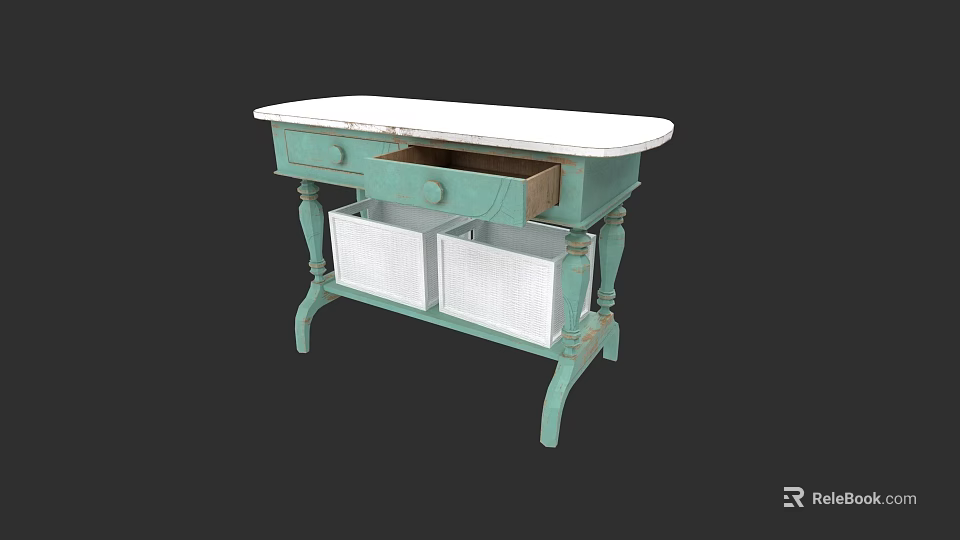 Light Green Vanity With White Countertop Open Drawer White Storage Baskets And Curved Legs 3d model 