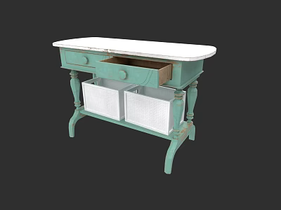 Light Green Vanity With White Countertop Open Drawer White Storage Baskets And Curved Legs 3d model