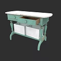 Light Green Vanity With White Countertop Open Drawer White Storage Baskets And Curved Legs