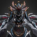 Game Movie Character With Mechanical Winged Metallic Armor And Red Glowing Accents