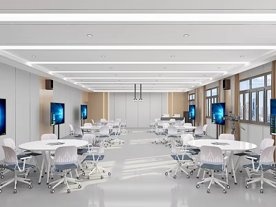 School Bright Learning Classroom With White Round Tables Gray Chairs Blue Screens And Large Windows 3d model