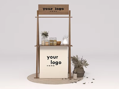 Wooden Display Stand Featuring Logo Area Decorative Vases Jars Dried Plants 3d model