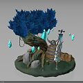 Dense Blue Tree with Brown Textured Trunk Glowing Blue Droplets and White Stones