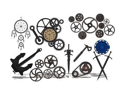 Steampunk Style Wall Decor Featuring Gears Clock Dreamcatcher Anchor And Swords 3d model