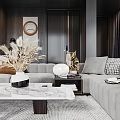 Modern Open Living and Dining Room Interior With Gray Sofa White Kitchen Island And Fireplace