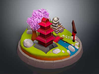 Traditional Japanese Garden Scene With Red Pagoda Pink Cherry Blossom Tree Stone Lantern And Stream 3d model