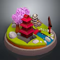 Traditional Japanese Garden Scene With Red Pagoda Pink Cherry Blossom Tree Stone Lantern And Stream