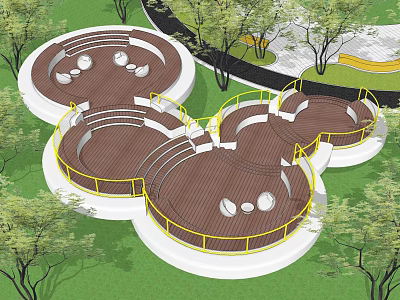 Modern Outdoor Recreational Area With Circular Wooden Platforms Yellow Railings Trees Green Lawn And Seats 3d model