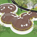 Modern Outdoor Recreational Area With Circular Wooden Platforms Yellow Railings Trees Green Lawn And Seats