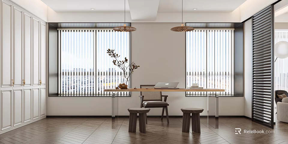 Serene Modern Tea Room Interior With Large Windows Wooden Table And Natural Light 3d model 