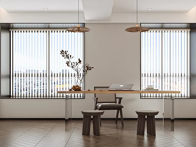 Serene Modern Tea Room Interior With Large Windows Wooden Table And Natural Light 3d model
