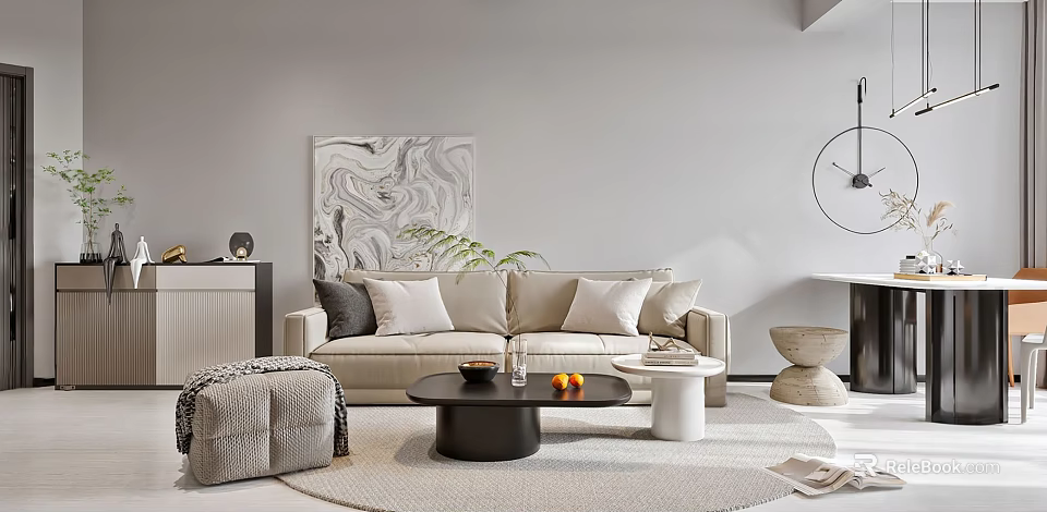 Modern Beige Sofa With Throw Pillows And Black Round Coffee Table In Minimalist Living Room 3d model 
