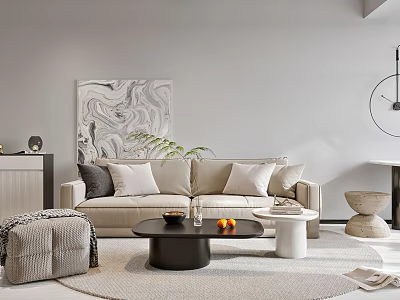 Modern Beige Sofa With Throw Pillows And Black Round Coffee Table In Minimalist Living Room 3d model