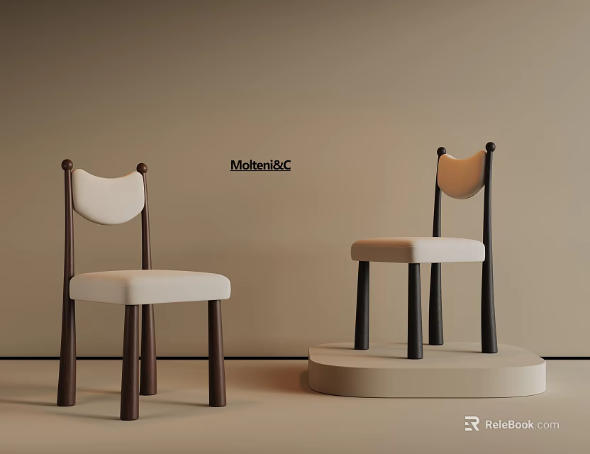 Modern Single Chair Design With Curved Backrest White Cushion Dark Legs And Display Stand 3d model 