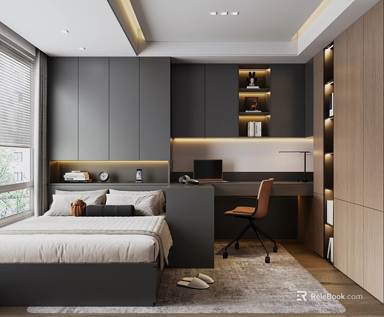 Modern Tatami Bedroom Interior Design With Tatami Bed Desk And Storage Cabinets 3d model 