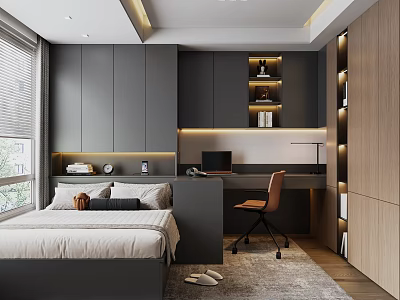 Modern Tatami Bedroom Interior Design With Tatami Bed Desk And Storage Cabinets 3d model