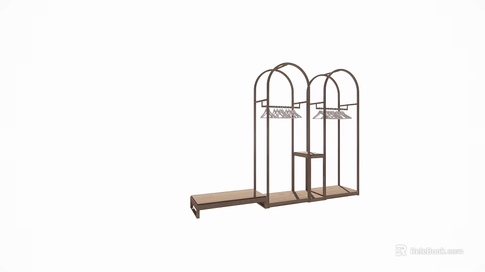 Modern Double Arch Display Rack With Metal Frame Hanging Rod And Wooden Shelf 3d model 