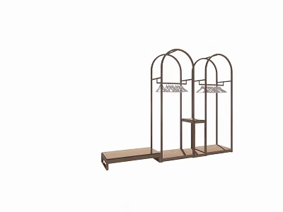 Modern Double Arch Display Rack With Metal Frame Hanging Rod And Wooden Shelf 3d model