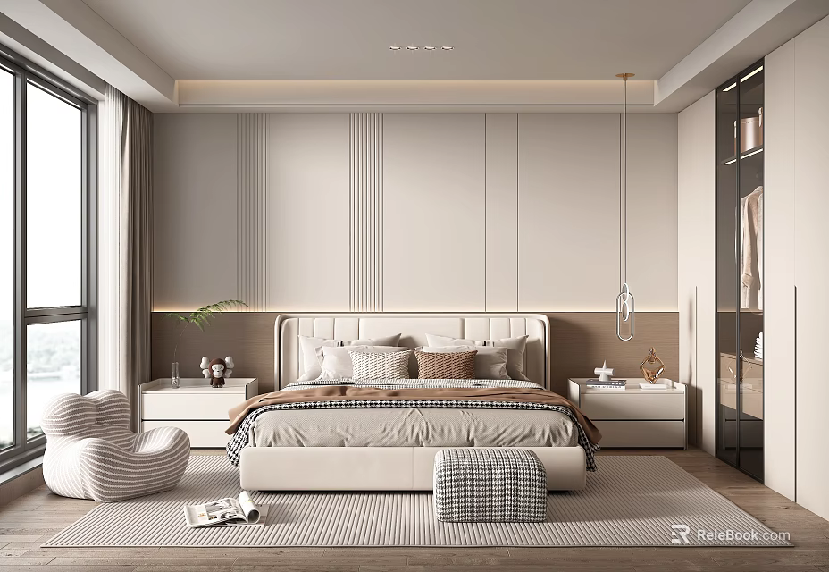 Modern Minimalist Bedroom Interior With Striped Walls Bedside Tables Accent Chair And Pendant Light 3d model 