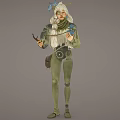 Woman With White Hair Blue Flowers Wearing Monocle Green Outfit Holding Tools And Waist Bag