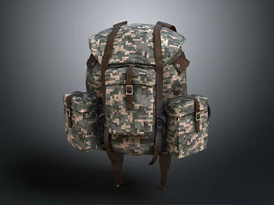 Military Style Camouflage Backpack With Multiple Pockets And Brown Straps For Outdoor Activities 3d model
