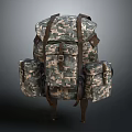 Military Style Camouflage Backpack With Multiple Pockets And Brown Straps For Outdoor Activities