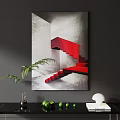 Abstract Painting With 3D Red Staircase Geometric Design Gray White Background Modern Interior Artwork