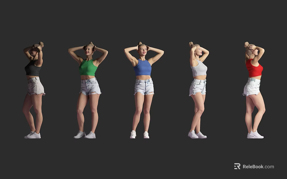 Women Standing In Colored Tops White Shorts With Hands Behind Head On Black Background 3d model 