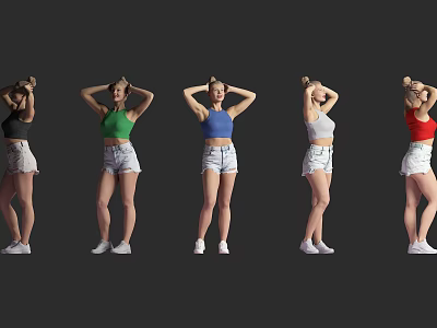 Women Standing In Colored Tops White Shorts With Hands Behind Head On Black Background 3d model