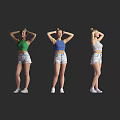Women Standing In Colored Tops White Shorts With Hands Behind Head On Black Background