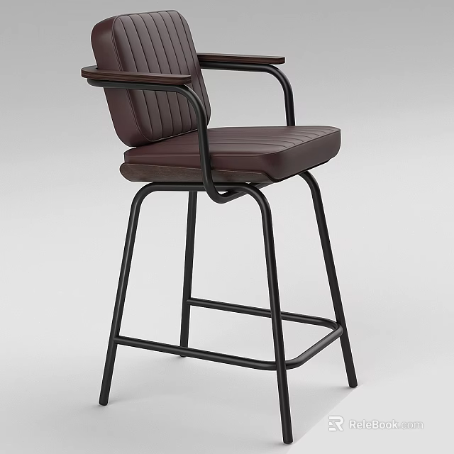 Dark Brown Leather Bar Stool With Black Metal Frame And Armrests Modern Design 3d model 