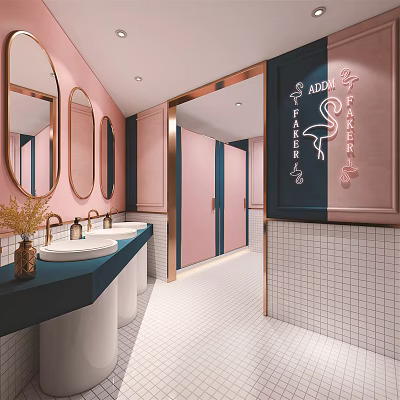 Pink And Blue Public Restroom With Round Mirrors Blue Sinks And Flamingo Decor 3d model