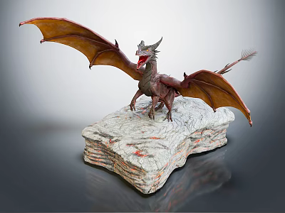 Detailed Dragon Model With Red Mouth And Extended Wings On Stacked Books Base 3d model