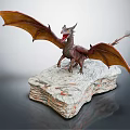 Detailed Dragon Model With Red Mouth And Extended Wings On Stacked Books Base