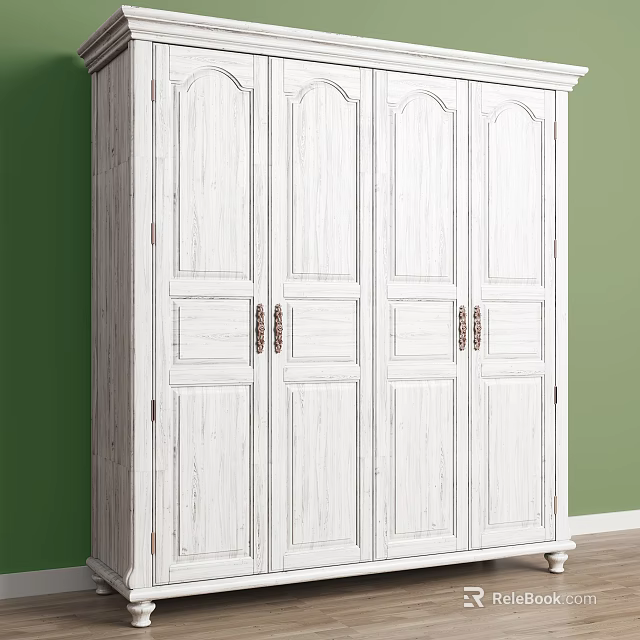 White Wooden Four Door Wardrobe With Decorative Panels Against Green Wall And Wooden Floor 3d model 