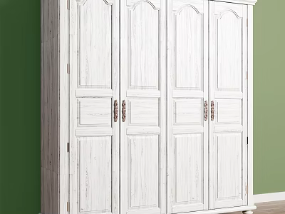 White Wooden Four Door Wardrobe With Decorative Panels Against Green Wall And Wooden Floor 3d model
