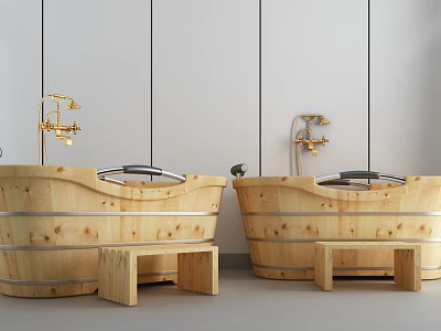 Wooden Bathtubs With Golden Faucets And Small Wooden Stools Against Light Colored Wall Panels 3d model