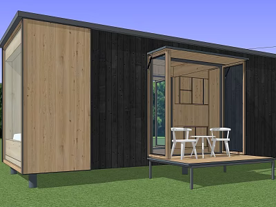 Modern Wooden House With Dark Light Wood Exterior Porch White Chairs Table Green Grass 3d model
