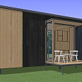 Modern Wooden House With Dark Light Wood Exterior Porch White Chairs Table Green Grass