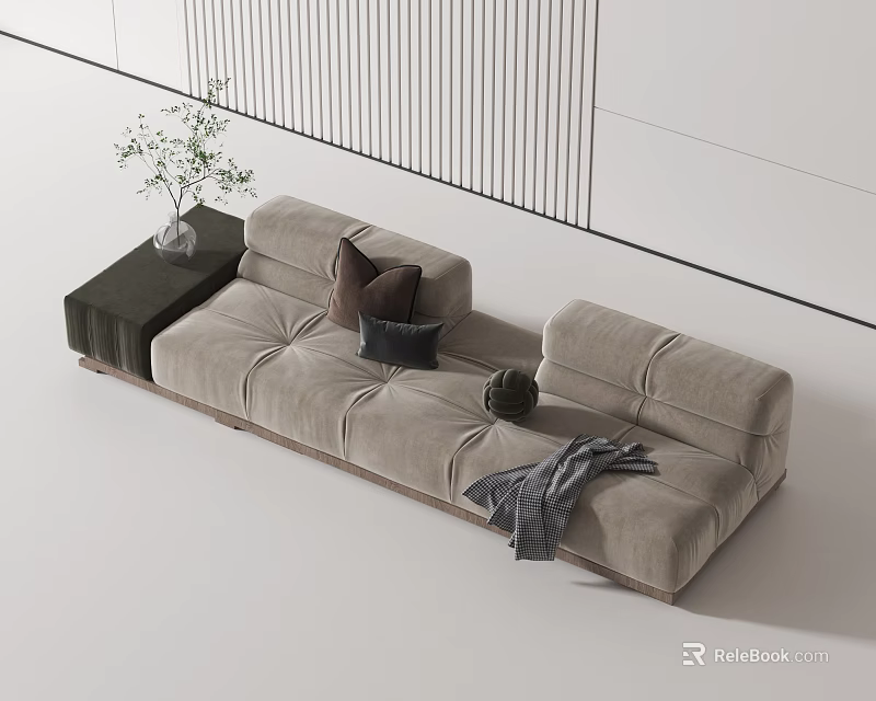 Modern Light Gray Sectional Sofa with Decorative Pillows Throw Blanket and Side Table Green Plant 3d model 